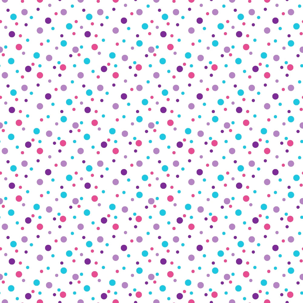 Pattern of evenly spaced purple, pink, and blue dots on a white background.