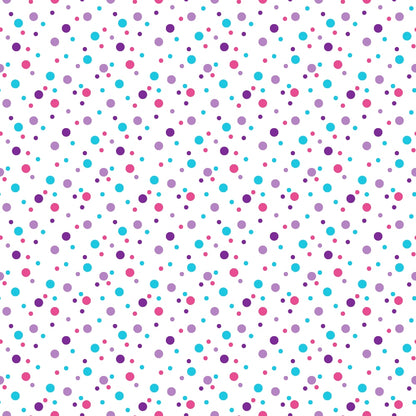 Pattern of evenly spaced purple, pink, and blue dots on a white background.