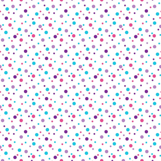 Pattern of evenly spaced purple, pink, and blue dots on a white background.