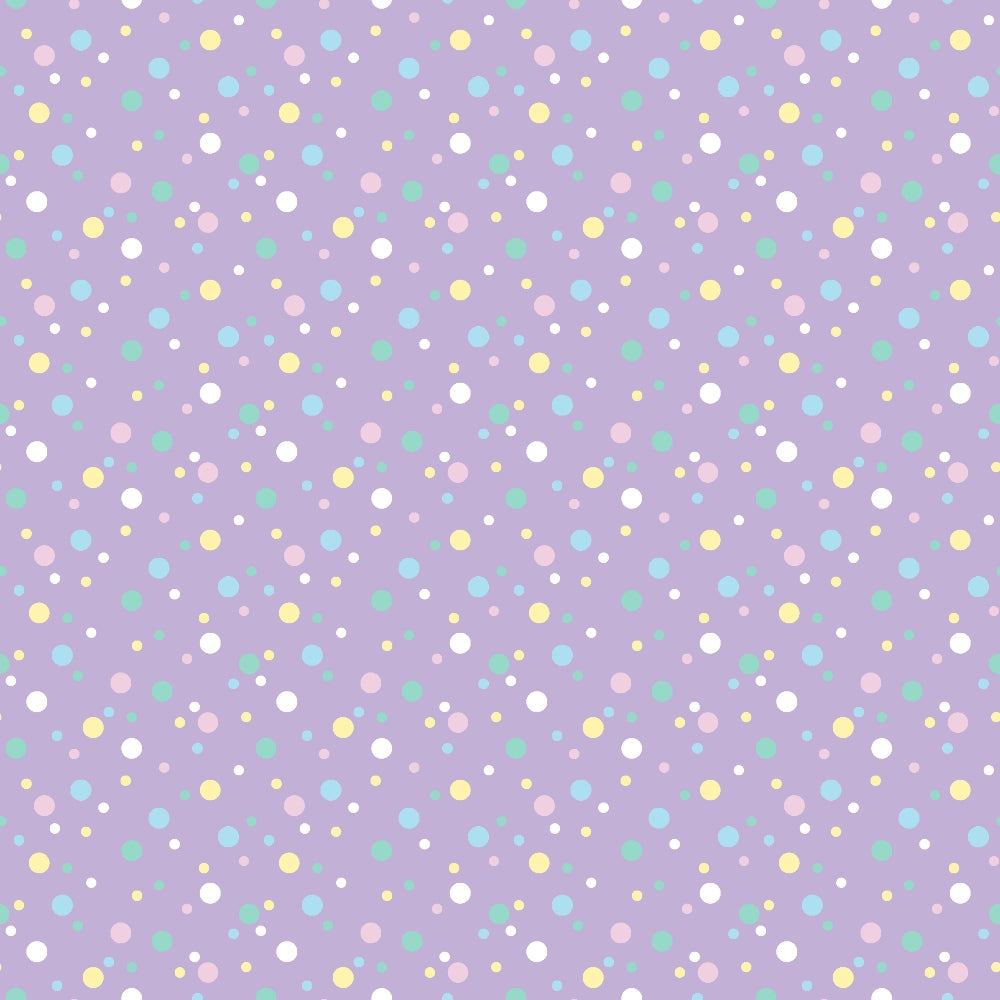 A pattern of multicolored polka dots in pastel shades on a light purple background.