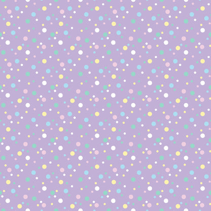 A pattern of multicolored polka dots in pastel shades on a light purple background.