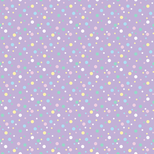 A pattern of multicolored polka dots in pastel shades on a light purple background.