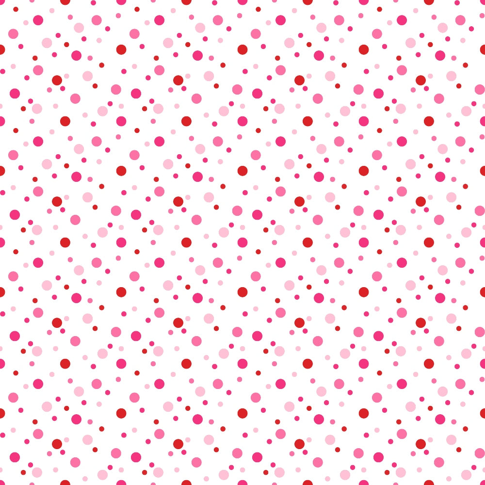 Pattern of red, pink, and purple dots of varying sizes on a white background.