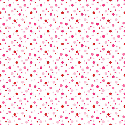 Pattern of red, pink, and purple dots of varying sizes on a white background.