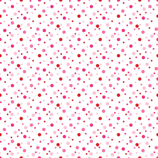 Pattern of red, pink, and purple dots of varying sizes on a white background.