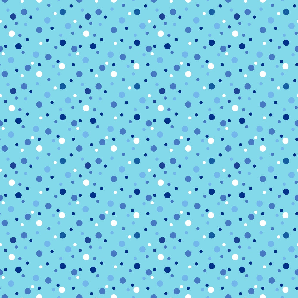 Pattern of scattered blue and white polka dots on a light blue background.