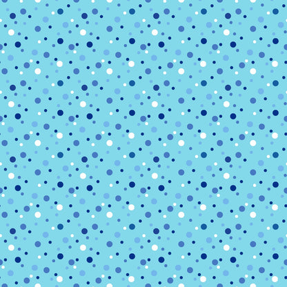 Pattern of scattered blue and white polka dots on a light blue background.