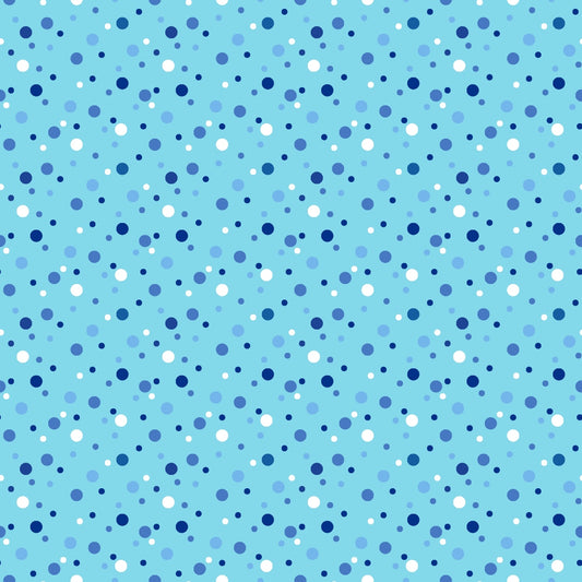 Pattern of scattered blue and white polka dots on a light blue background.