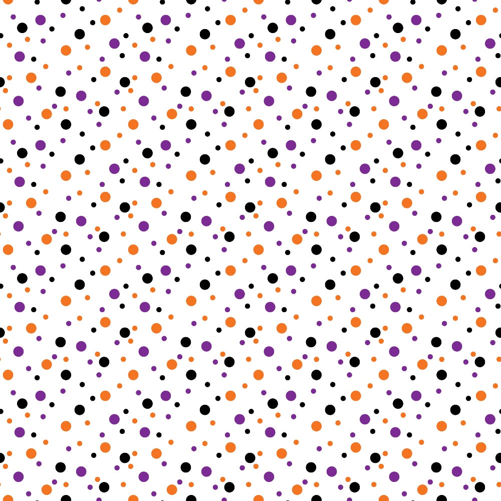 Pattern of small orange, purple, and black dots evenly distributed on a white background.