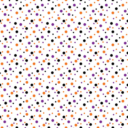 Pattern of small orange, purple, and black dots evenly distributed on a white background.