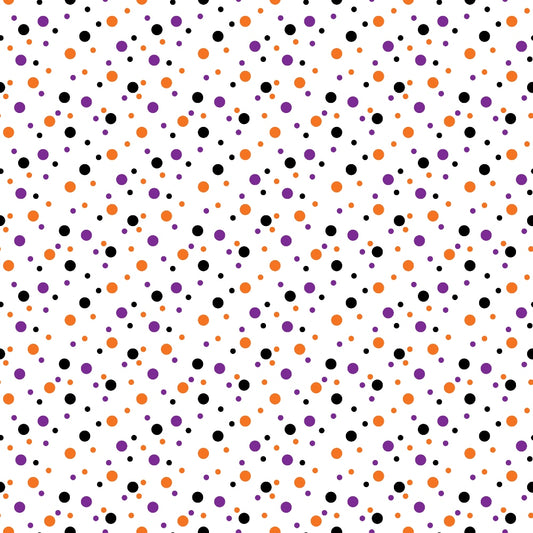 Pattern of small orange, purple, and black dots evenly distributed on a white background.