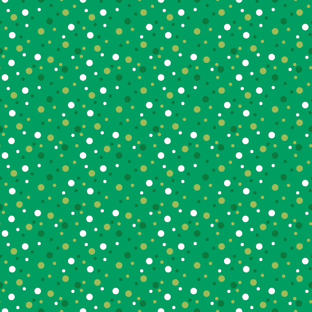 green background, white dots, yellow dots, olive dots, polka dots, confetti pattern, scattered circles, geometric design, quilting cotton, fabric panel, bright colors, random placement, playful pattern, cheerful mood, small dots, medium dots, varied sizes, festive design, cotton fabric, craft material