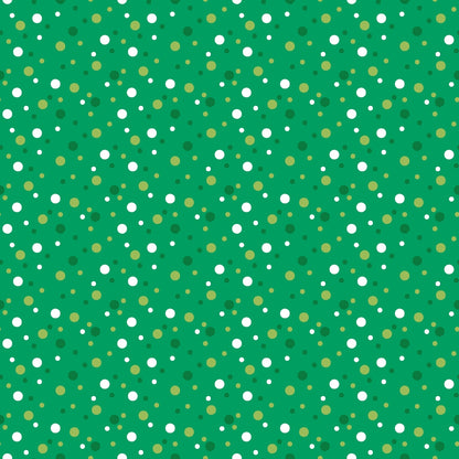 green background, white dots, yellow dots, olive dots, polka dots, confetti pattern, scattered circles, geometric design, quilting cotton, fabric panel, bright colors, random placement, playful pattern, cheerful mood, small dots, medium dots, varied sizes, festive design, cotton fabric, craft material