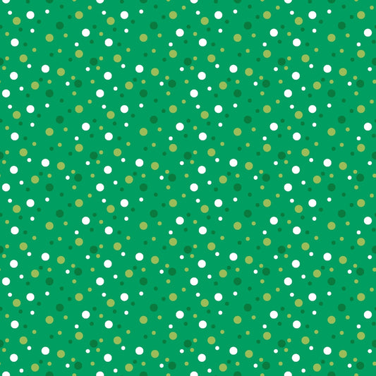 green background, white dots, yellow dots, olive dots, polka dots, confetti pattern, scattered circles, geometric design, quilting cotton, fabric panel, bright colors, random placement, playful pattern, cheerful mood, small dots, medium dots, varied sizes, festive design, cotton fabric, craft material