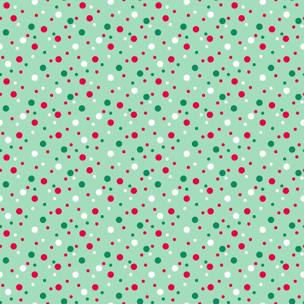 Green background with a pattern of evenly spaced red, green, and white dots.