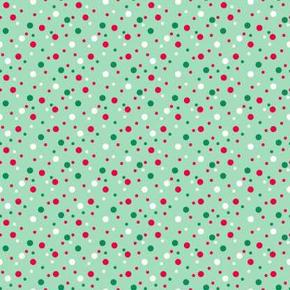 Green background with a pattern of evenly spaced red, green, and white dots.