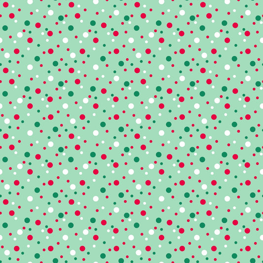 Green background with a pattern of evenly spaced red, green, and white dots.