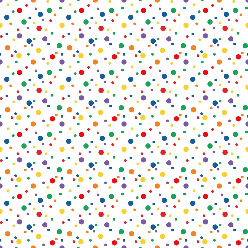 Pattern of blue, red, yellow, and green dots of varying sizes scattered on a white background.