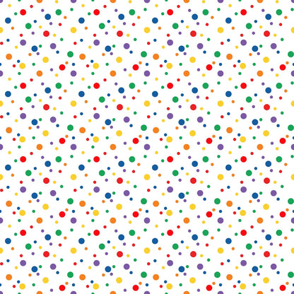 Pattern of blue, red, yellow, and green dots of varying sizes scattered on a white background.