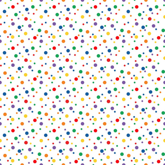 Pattern of blue, red, yellow, and green dots of varying sizes scattered on a white background.