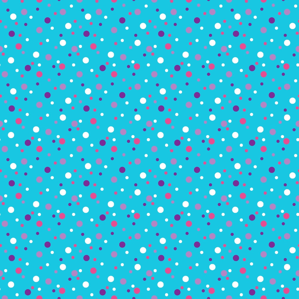 Pattern of small, medium, and large pink, blue, and white dots on a turquoise background.