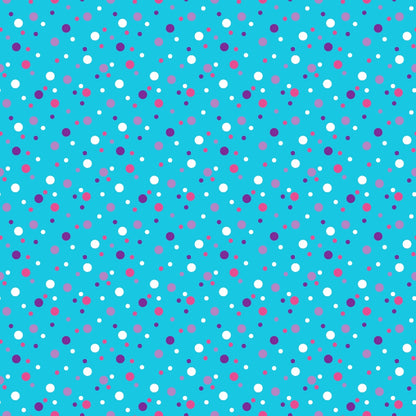 Pattern of small, medium, and large pink, blue, and white dots on a turquoise background.