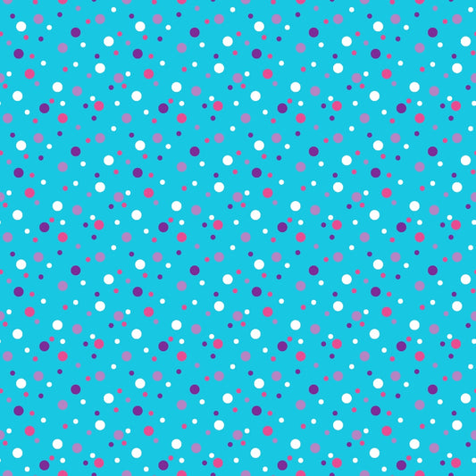 Pattern of small, medium, and large pink, blue, and white dots on a turquoise background.