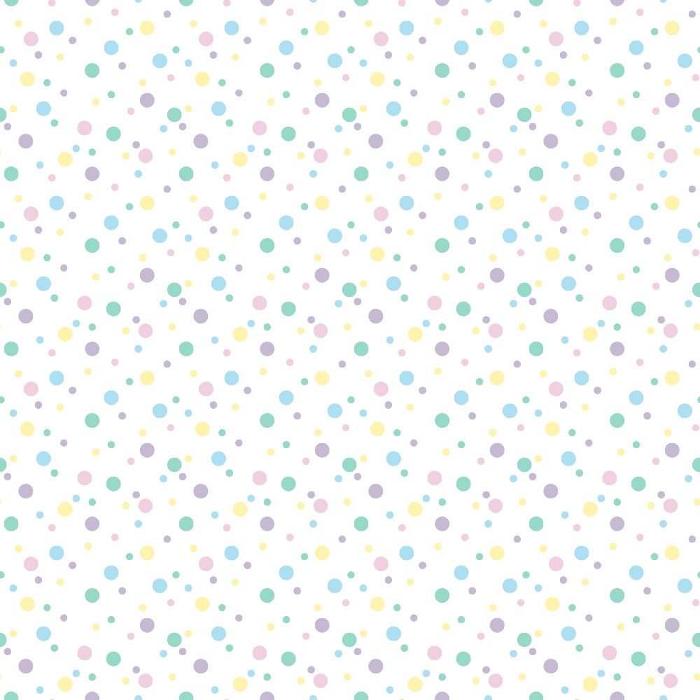 Pattern of multicolored polka dots in various sizes on a white background. Colors include blue, yellow, pink, and purple.