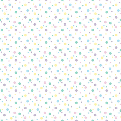 Pattern of multicolored polka dots in various sizes on a white background. Colors include blue, yellow, pink, and purple.