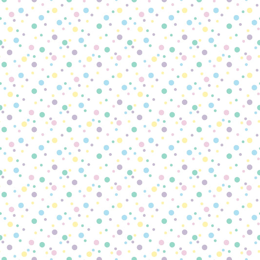 Pattern of multicolored polka dots in various sizes on a white background. Colors include blue, yellow, pink, and purple.