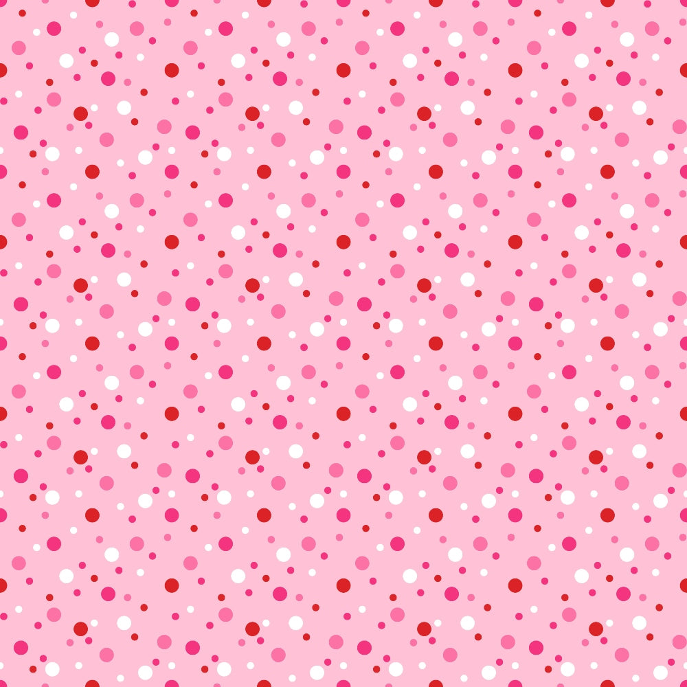 Pink background with a pattern of red and white polka dots in varying sizes.