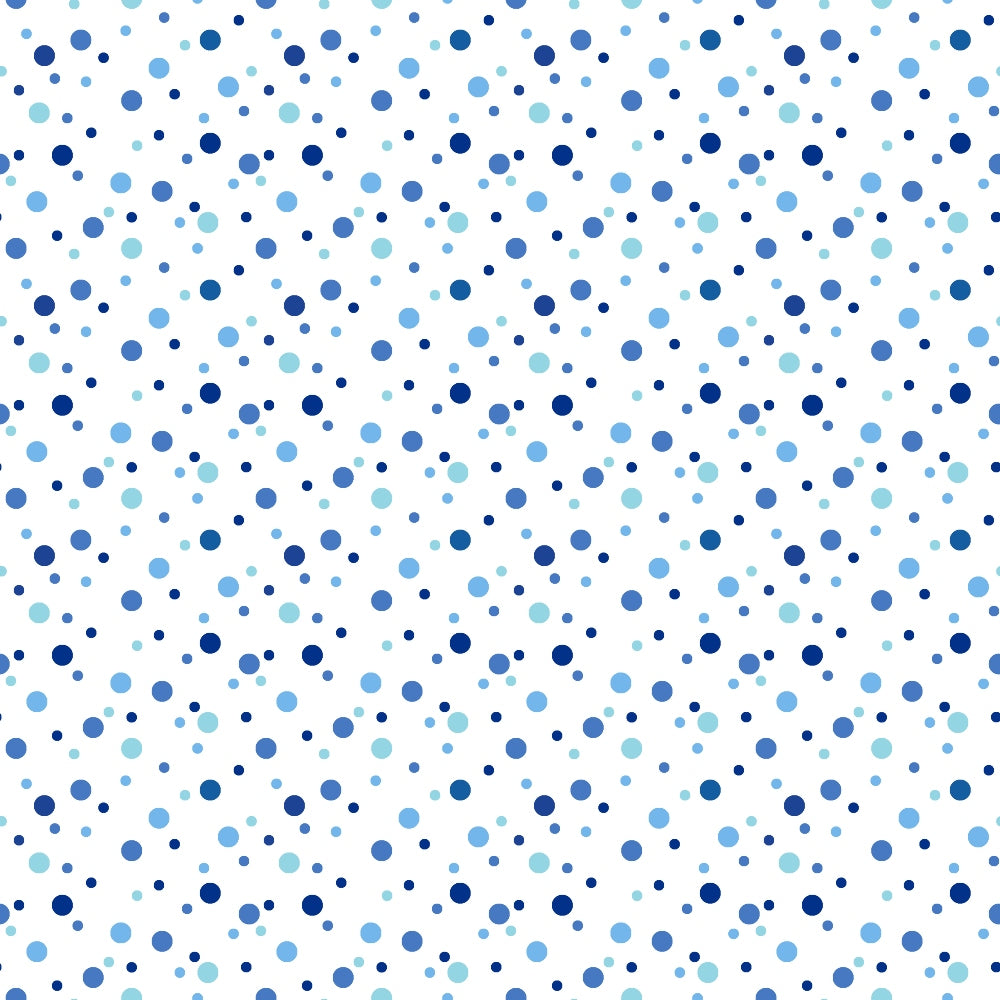 Pattern of various shades of blue dots scattered over a white background.