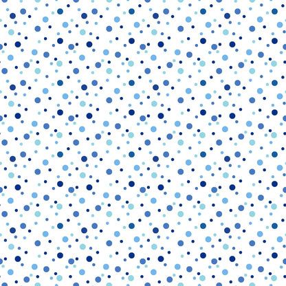 Pattern of various shades of blue dots scattered over a white background.