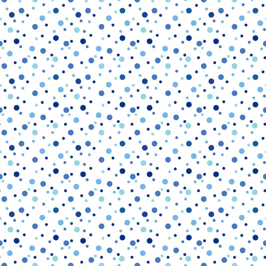 Pattern of various shades of blue dots scattered over a white background.