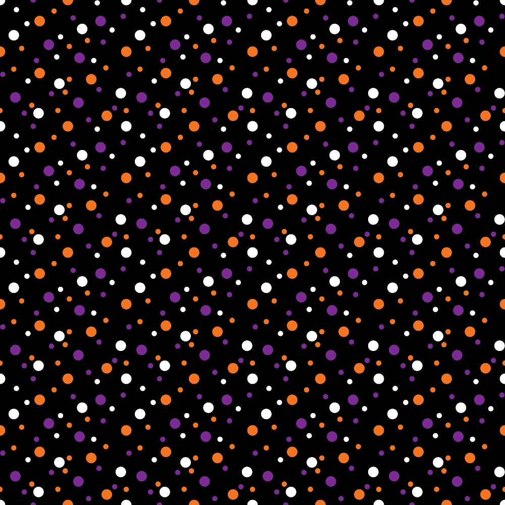 Black background with a repeating pattern of small orange, purple, and white dots.