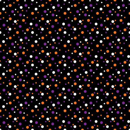 Black background with a repeating pattern of small orange, purple, and white dots.