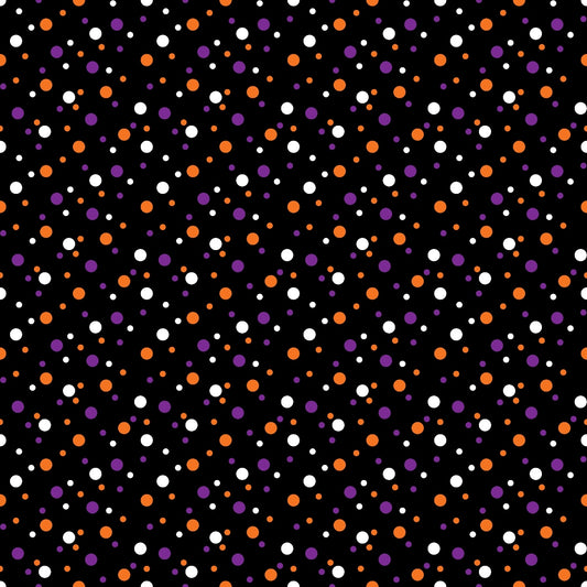 Black background with a repeating pattern of small orange, purple, and white dots.