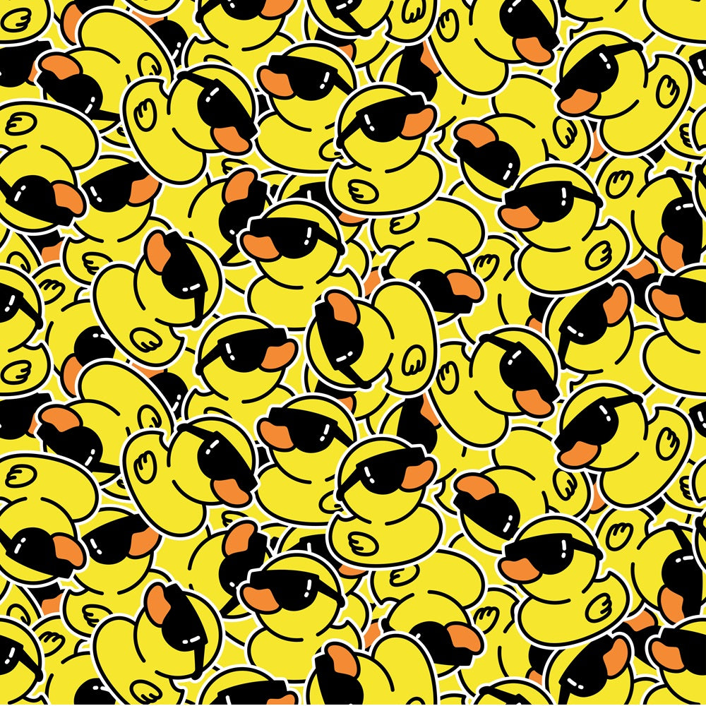 Pattern of yellow rubber ducks wearing sunglasses, overlapping and facing various directions.