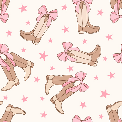 Pattern of beige and brown boots with pink bows and pink stars on a light background.