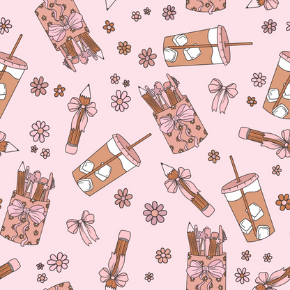 Pattern of pencils in cups, bows, and flowers on a pink background.