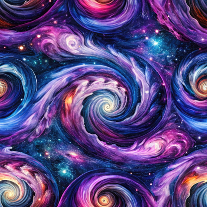 A vibrant cosmic pattern featuring swirling galaxies in purple, pink, and blue hues, set against a starry space background.