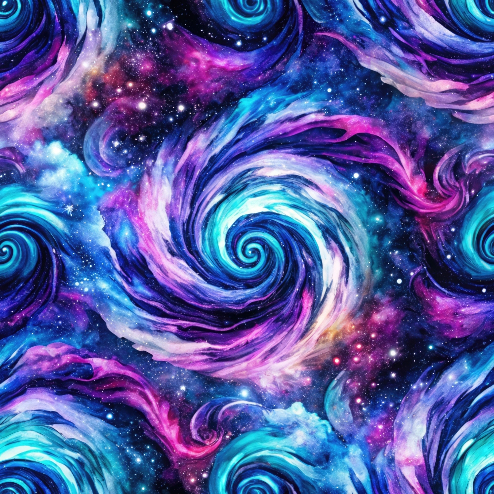 Colorful spiral galaxies with swirling patterns in vibrant shades of blue, purple, and pink against a starry space background.