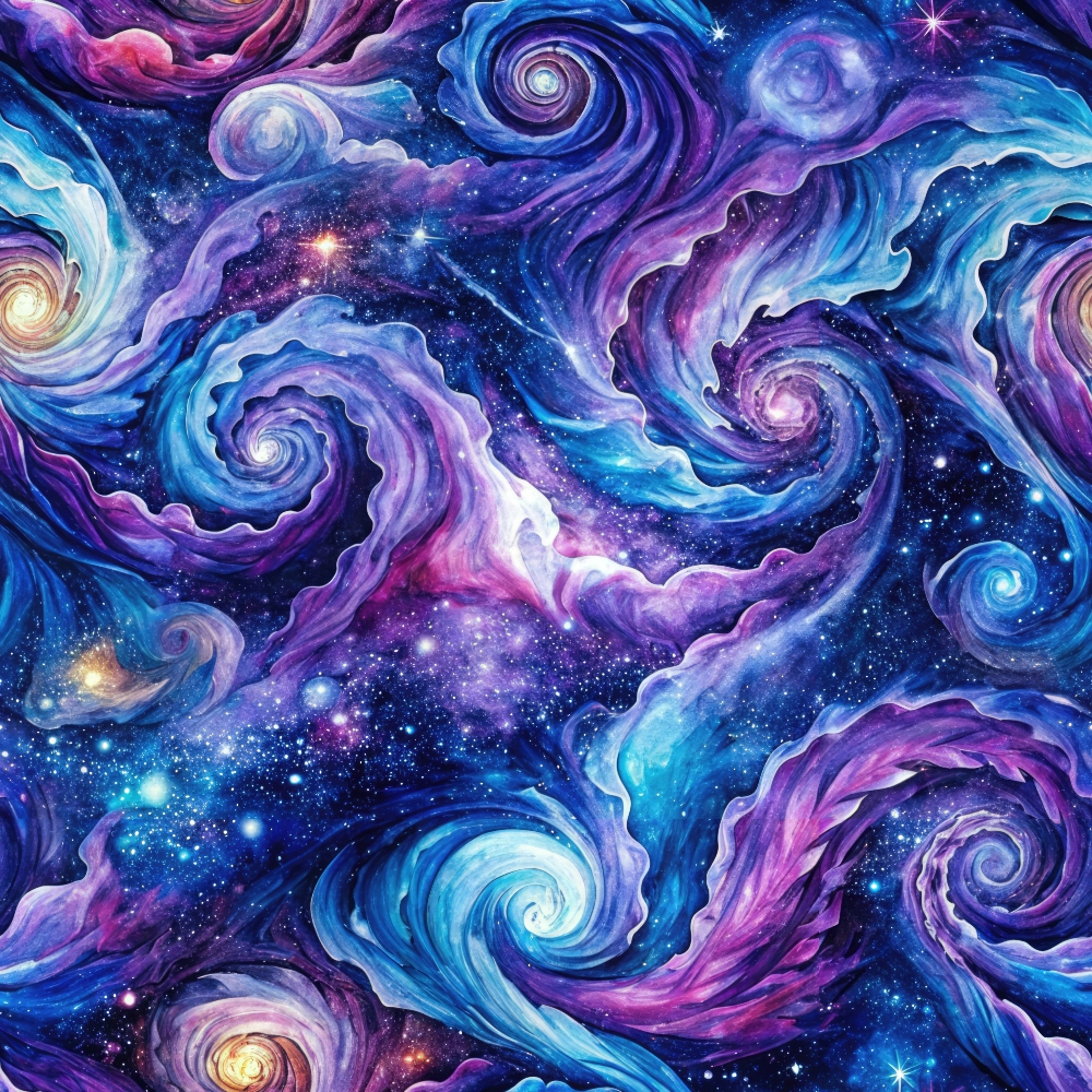 Colorful swirling galaxy pattern with blue, purple, and pink hues, resembling spirals and waves in a vibrant cosmic scene, featuring stars and nebulae.