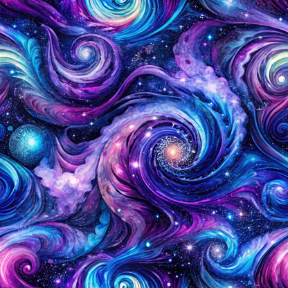 Abstract depiction of swirling galaxies in vibrant blues, purples, and pinks, creating a cosmic pattern with stars interspersed throughout.