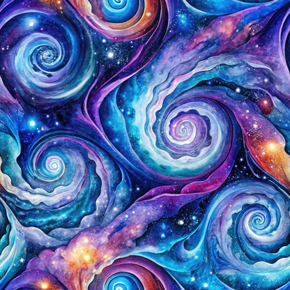 Colorful swirling galaxies and nebulae in a starry space-themed abstract artwork, featuring shades of blue, purple, and orange.