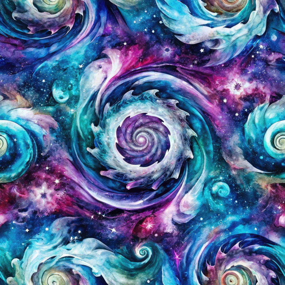 Colorful abstract pattern with swirling galaxies and stars, featuring vibrant blues, purples, and pinks.