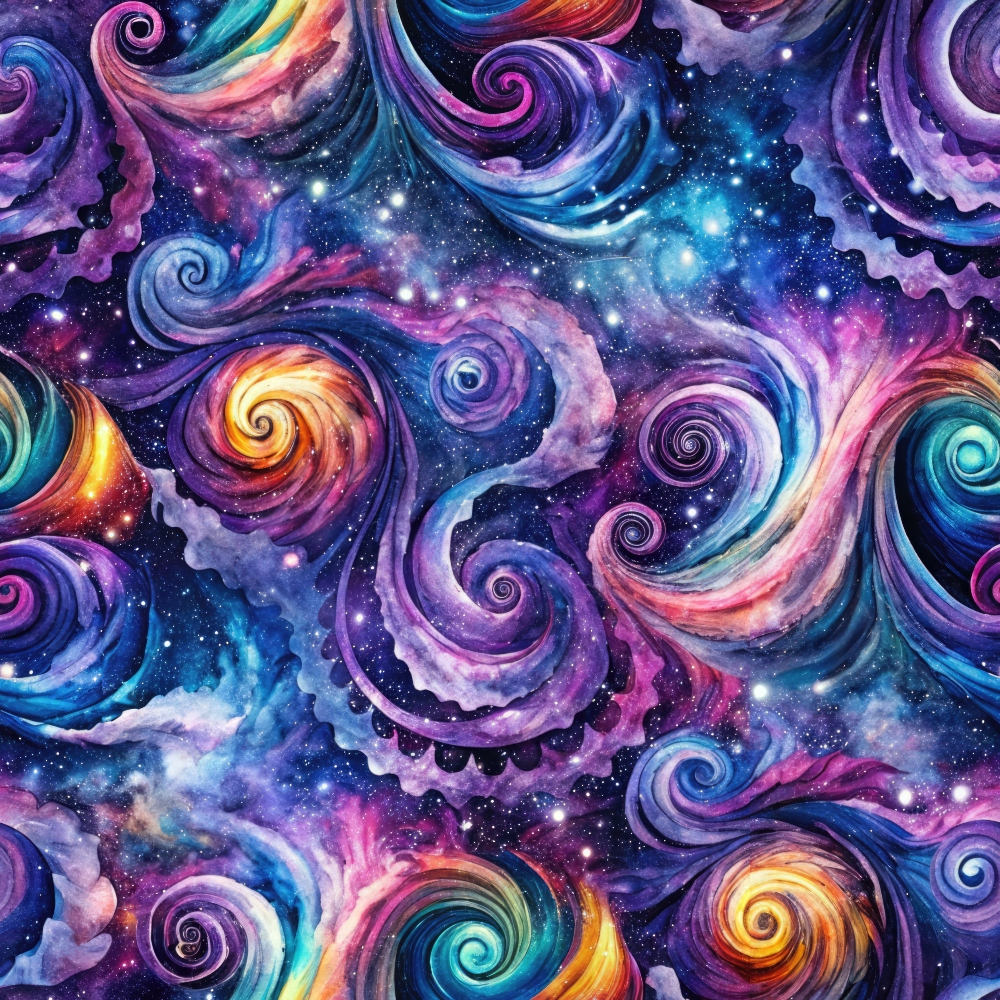 Colorful swirling galaxy pattern with vibrant hues of blue, purple, pink, orange, and yellow, resembling cosmic clouds and stars.