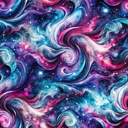 Abstract cosmic swirl pattern with vibrant blues, purples, pinks, and whites, resembling a galaxy with stars and swirling clouds.