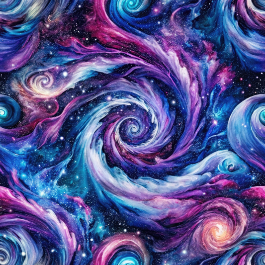 A vibrant, abstract cosmic swirl with blue, purple, and pink hues, resembling galaxies and nebulae in a star-filled space scene.