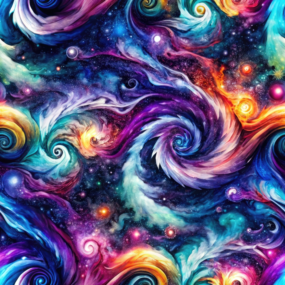 A colorful, swirling abstract pattern resembling a cosmic scene with vibrant blues, purples, oranges, and yellows, featuring nebula-like formations and starry details.